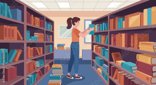 Young Woman Selecting a Book from a Library Shelf