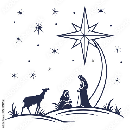Elegant nativity scene featuring the holy family, a guiding star, and a deer, symbolizing the birth of jesus christ