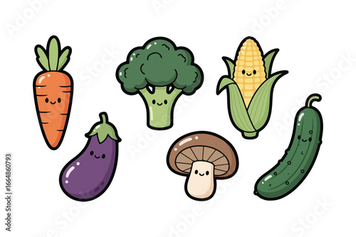 Cute cartoon vegetables with happy faces including carrot broccoli corn eggplant mushroom and cucumber