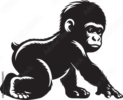 Gorilla Family Silhouette Vector – Black and White Wildlife Illustration of Parent and Baby Apes