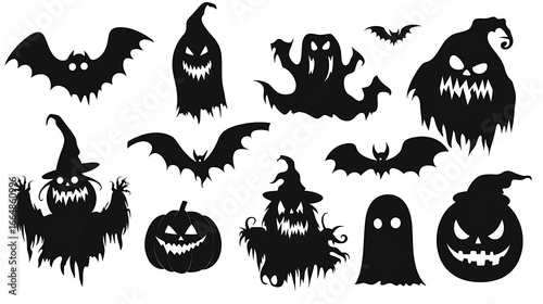 Halloween black silhouettes of monsters ghosts and pumpkins vector isolated on white