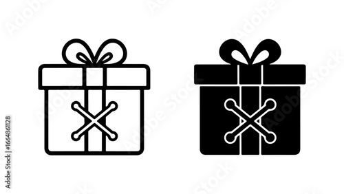 Outline and Solid Gift Box Icons with Decorative Ribbon and Cross Pattern