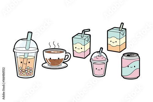 Kawaii style drinks and beverages with cute faces bubble tea