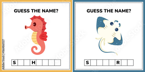 Flat Design Educational Guess Cards for Kids, 2 Sets: Stingray and Seahorse