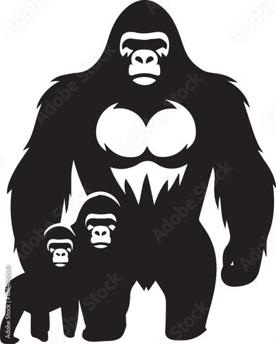 Gorilla Family Silhouette Vector – Black and White Wildlife Illustration of Parent and Baby Apes
