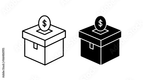 Charity Donation Box and Coin Icons with Dollar Sign, Line Art and Solid Glyph Styles