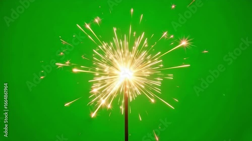 Golden sparkler bursts with vibrant light against a green screen, perfect for festive celebrations