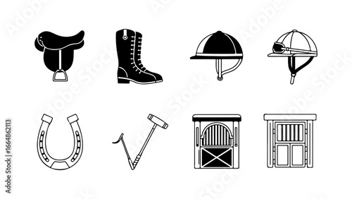 Set of Black and White Vector Icons for Equestrian Sports and Horse Riding Equipment