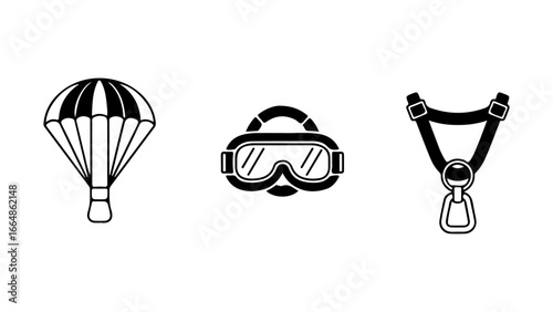 Set of Extreme Sports Equipment Icons including Parachute, Goggles, and Harness