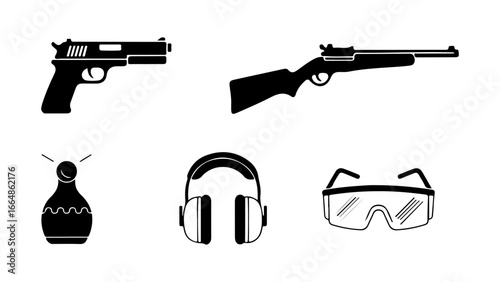 Shooting Sports Equipment Icons with Handgun, Rifle, Ear and Eye Protection, and Target in Silhouette