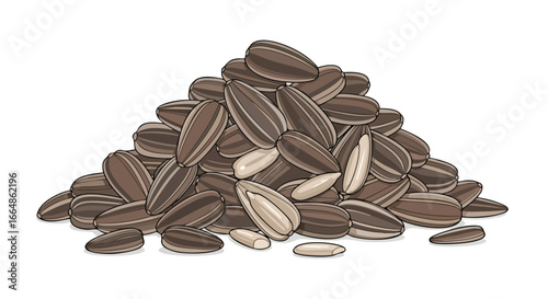Detailed Illustration of a Pile of Sunflower Seeds Displaying Variety in Bloom and Shapes for Artistic and Culinary Use