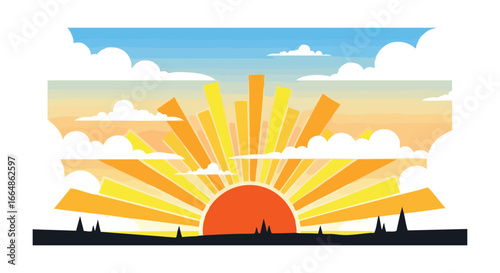 Vibrant Sunrise Over a Silhouetted City Skyline with a radiant glow illuminating the horizon and colorful sky filled with soft clouds creating a