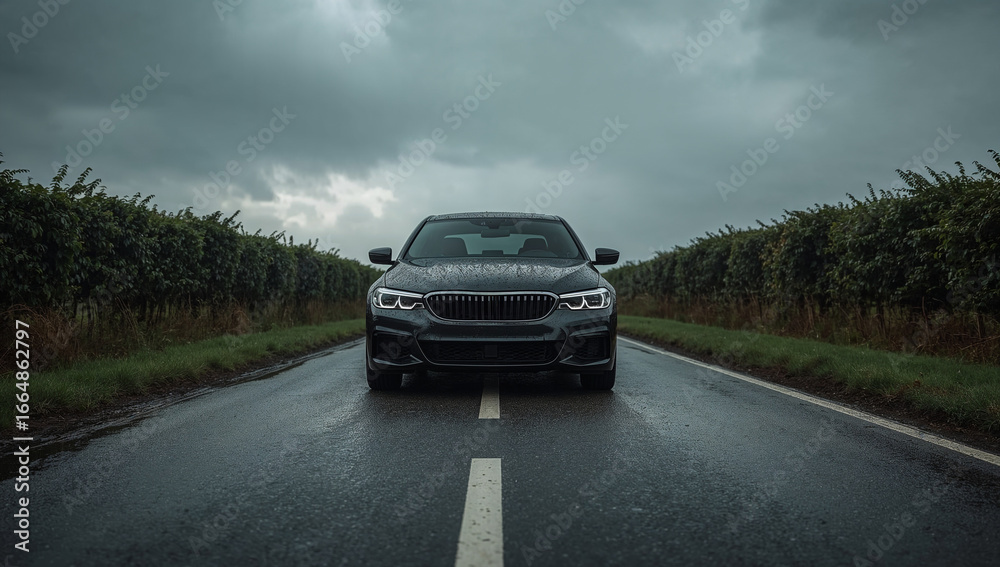 Fototapeta premium Black Sedan on Rainy Road