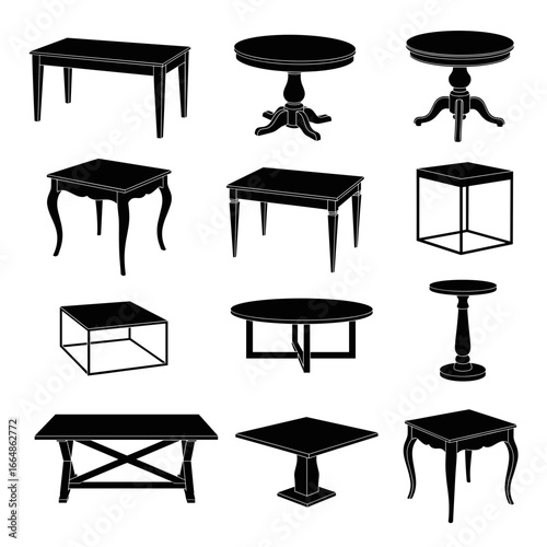 Collection of minimalist furniture table silhouettes, home decor vector icons