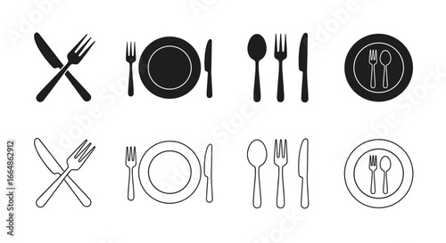 Minimalist flatware silhouette icons, versatile cutlery vector graphics, dinnerware set, kitchen utensils, elegant table setting