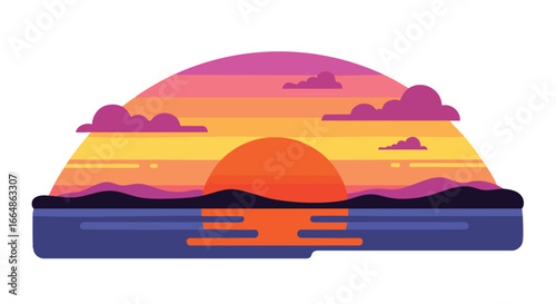 Stylized sunset over tranquil ocean scene with colorful clouds and silhouetted mountains capturing serene twilight moment