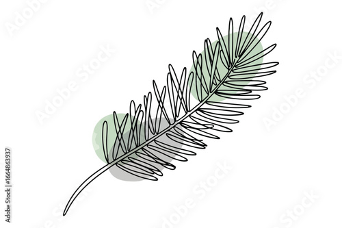 Black line art palm frond with green and grey abstract shapes on white background leaf tropical