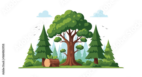 Vivid Illustration of a Diverse Forest Scene Featuring Tall Evergreen Trees and a Central Mature Oak Tree Surrounded by Smaller Trees and Nature