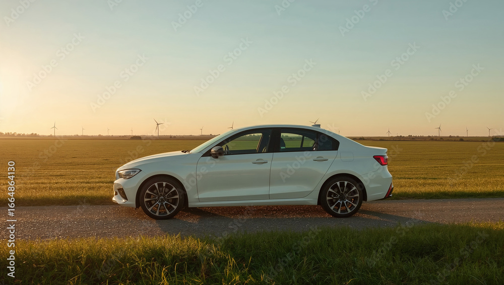 Fototapeta premium White Sedan on Countryside Road at Sunset