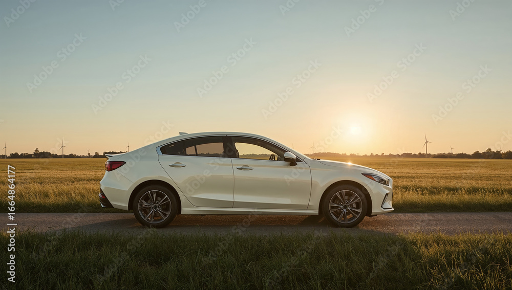 Fototapeta premium White Sedan on Countryside Road at Sunset