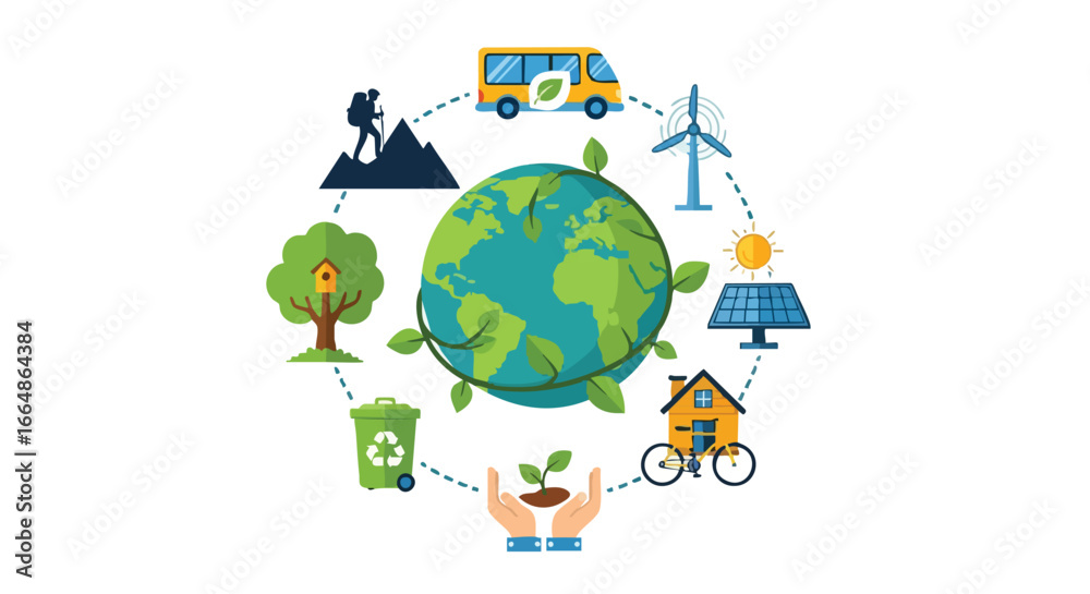 Naklejka premium Comprehensive illustration of sustainable living concepts emphasizing ecological balance and renewable energy sources for a greener future