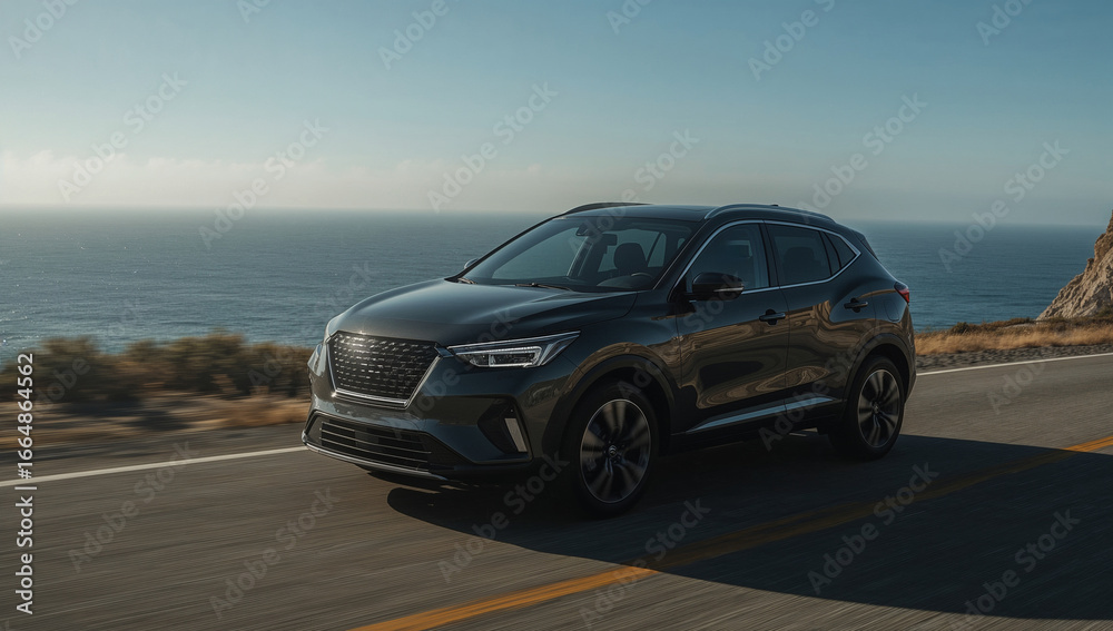 Fototapeta premium Gray SUV on Coastal Sunset Highway