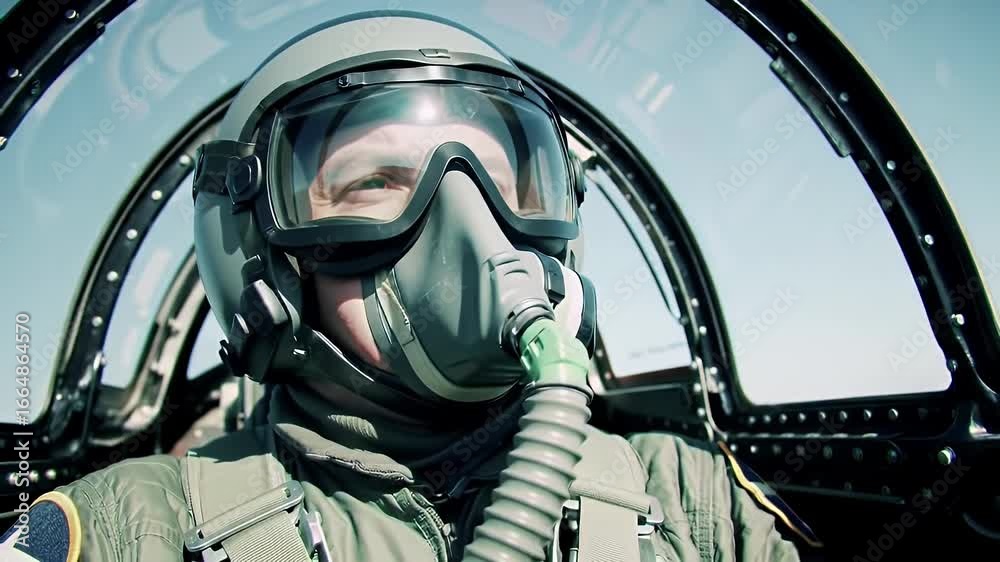 Pilot in Aircraft Cockpit Wearing a Green Mask and Helmet with a Clear ...