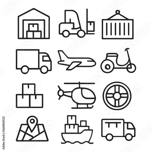 High-Quality Commercial Transport Line Icons – Delivery, Logistics, and Utility Vehicle Vector Icon Set