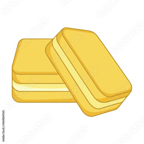 Two stacked yellow sponge cakes with cream filling on white background dessert sweet