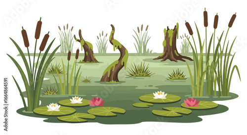 Peaceful Wetland Scene with Water Lilies and Cattails Depicting Nature's Serenity