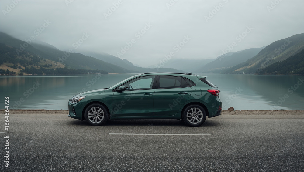 Naklejka premium Green Hatchback Near Lake and Mountains