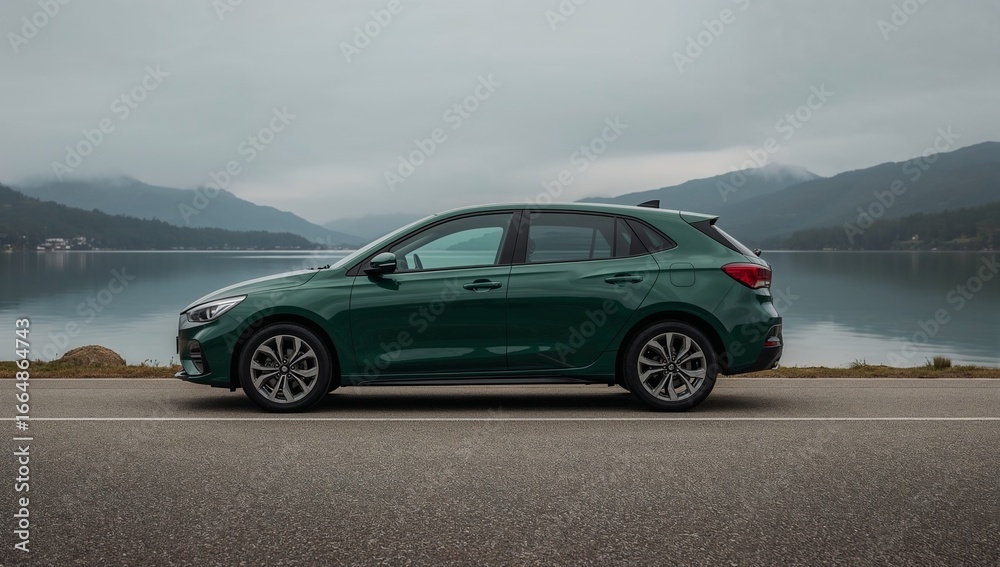 Fototapeta premium Green Hatchback Near Lake and Mountains