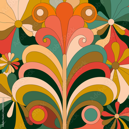 Funky stylized plant and flower vector with swirls and earthy tones – Perfect for retro wallpaper, art prints, or eco branding materials.