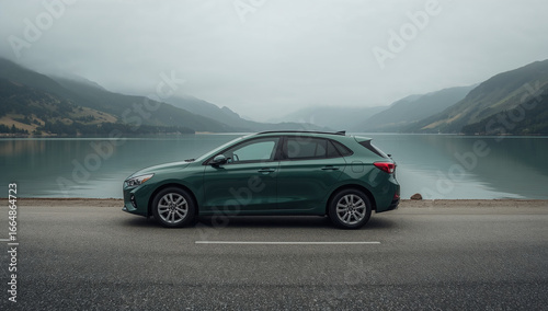 Green Hatchback Near Lake and Mountains