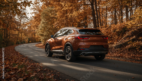 Bronze SUV in Autumn Forest Road