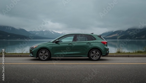 Green Hatchback Near Lake and Mountains