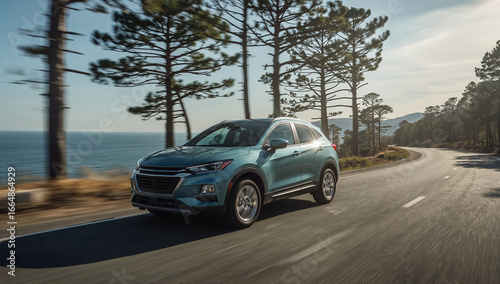 Blue SUV Driving by the Ocean Road