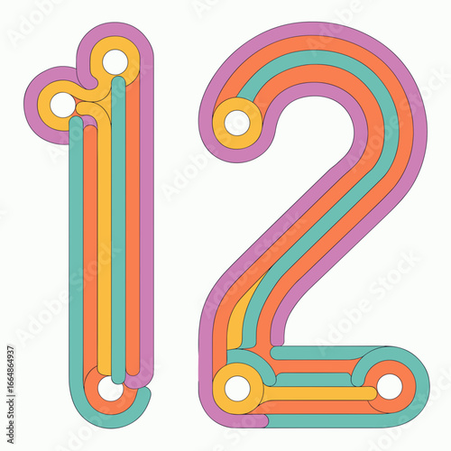 Colorful groovy number 12 made of curved lines and loops