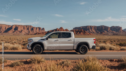 White Pickup Truck in Desert Highway