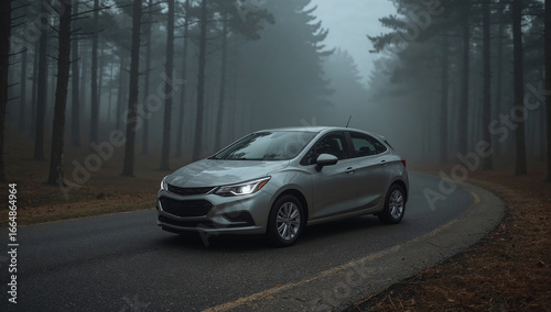 Silver Sedan in Foggy Forest Road