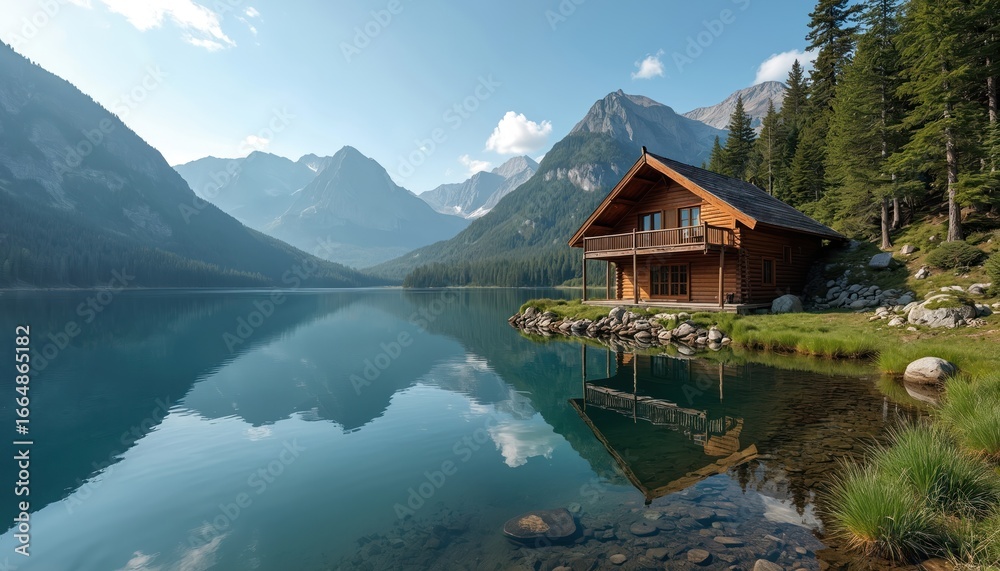 Fototapeta premium Wooden cabin on mountain lake reflects in water. Summer vacation, travel destination with forest trees, blue sky. Peaceful, tranquil environment for health spa resort in nature.