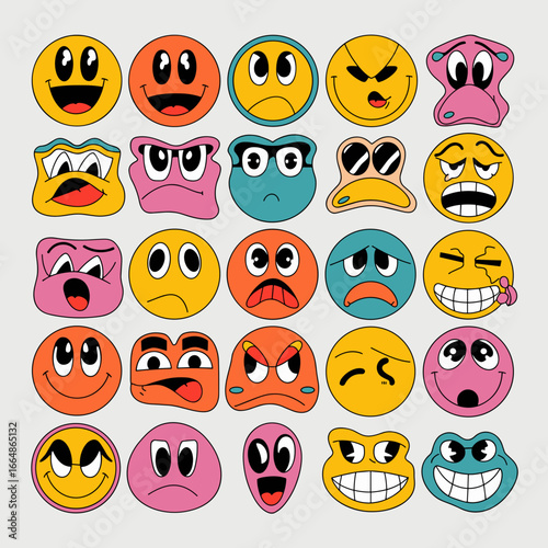 Retro vector sticker set of groovy smiley faces and psychedelic emoji expressions – Great for social media graphics, sticker packs, or playful merchandise