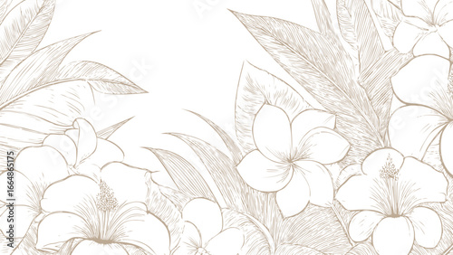 Botanical themed hand drawn flowers print seamless pattern old vintage calligraphy style beige pattern on white background, sketch style