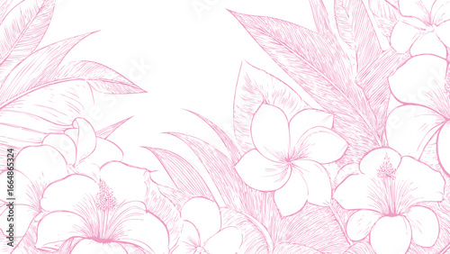 Botanical themed hand drawn flowers print seamless pattern old vintage calligraphy style pink pattern on white background, sketch style