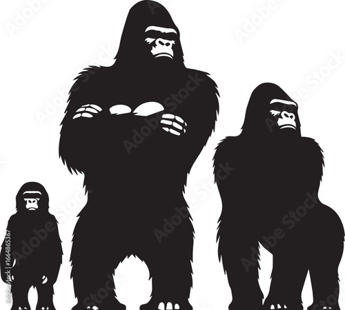 Gorilla Family Silhouette Vector – Black and White Wildlife Illustration of Parent and Baby Apes