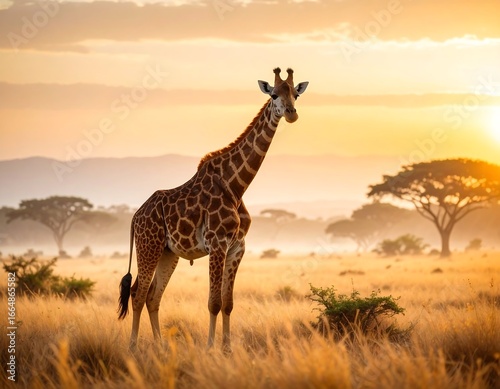 A giraffe stands in a savanna at sunrise, golden light illuminating the scene