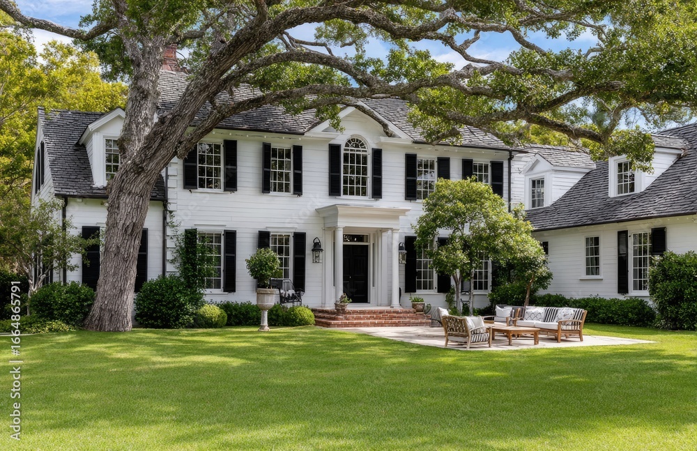 Obraz premium a large, white house with black shutters surrounded by lush, green grass and trees in the front yard