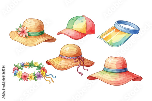 Collection of colorful summer hats and flower crown straw hat sun hat