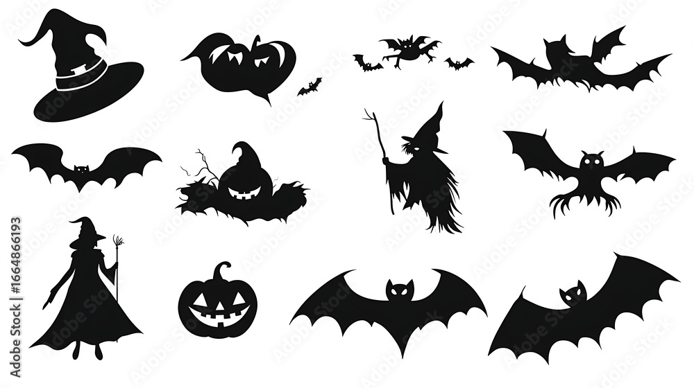 Naklejka premium Halloween black silhouette vector icons featuring witches bats and pumpkins isolated on white