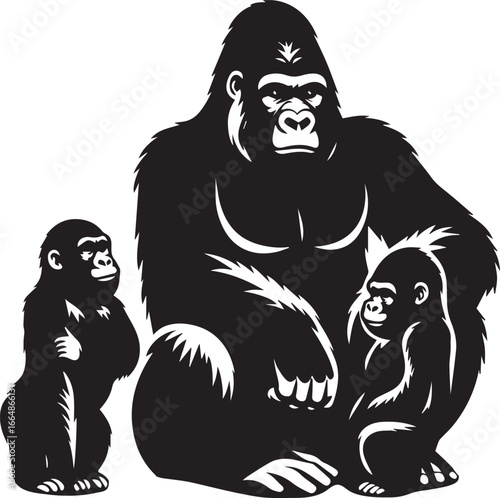 Gorilla Family Silhouette Vector – Black and White Wildlife Illustration of Parent and Baby Apes